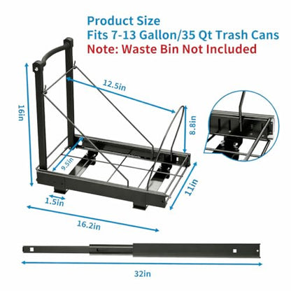 Pull Out Trash Can with Soft-Close for Kitchen Cabinets, Under Sink Drawer | Adjustable for 7-13 Gal can, Black Thick Handle & Frame, Up to 125 lbs Capacity, Fits 13"W x 18"D cabinets, Can Not Included