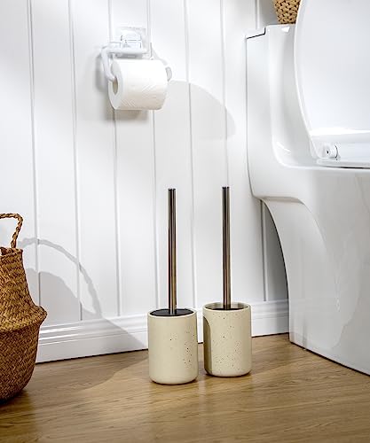 Ceramic Toilet Brush and Holder Set, Toilet Bowl Cleaner Brush | Freestanding Deep-Cleaning, Stainless Steel Handle, Small & Sturdy for Storage, Easy to Clean, Non-Scratching - color: Sand
