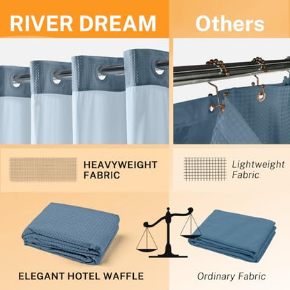 River Dream No Hooks Shower Curtain with 2 Snap in Liner, 71Wx74H | Waffle Weave, 1 Attached Snap in Liner and 1 Extra Replacement Liner, Bathroom Curtains Shower Set, Hotel Grade, Spa Like - color: Moonlight Blue