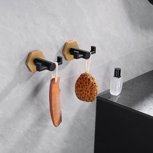 GERZWY Stainless Steel Coat/Robe Clothes Hook for Bath Kitchen, Bathroom Double Towel Hook Wall Mounted 2 Pack (Black & Gold) - color: Black & Gold