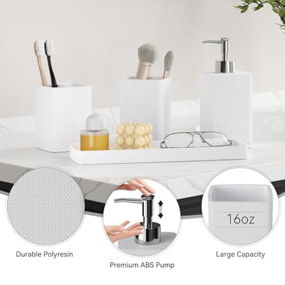 White Bathroom Set, White Bathroom Accessories Sets with Shower Curtain and No-Slip Bath Rugs, Natural Loofah Sponge, Soap Dispenser, Toothbrush Holder, Toothbrush Cup and Tray for Bathroom - size: Bath Set+Shower Curtain+Bath Rugs+2PCS Loofah, style: Whi