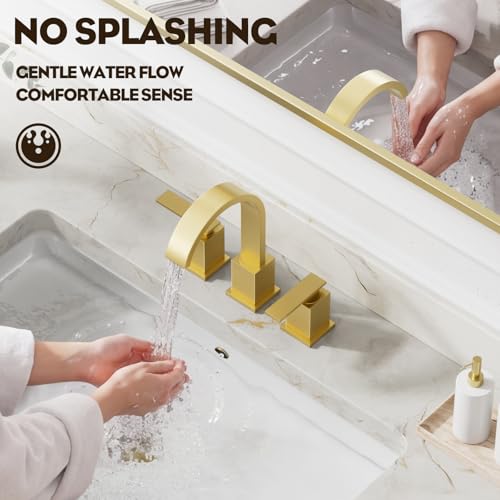 Brushed Gold Bathroom Faucet 8 Inch Widespread 3 Hole 2 Handle,Waterfall Swivel Spout Bathroom Sink Faucet with Pop Up Drain and Water Supply Line,WF011-BG - color: Brushed Gold-8 IN