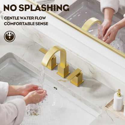 Brushed Gold Bathroom Faucet 8 Inch Widespread 3 Hole 2 Handle,Waterfall Swivel Spout Bathroom Sink Faucet with Pop Up Drain and Water Supply Line,WF011-BG - color: Brushed Gold-8 IN