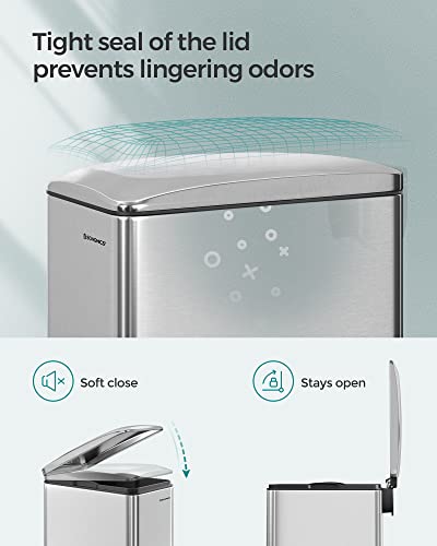 SONGMICS Slim Trash Can, 13-Gallon (50 L) Garbage Can for Narrow Spaces with Soft-Close Lid, Inner Bucket, and Step-on Pedal, Stainless Steel, 15 Trash Bags Included, Silver ULTB510E48 - color: Silver, style: 13 Gal.