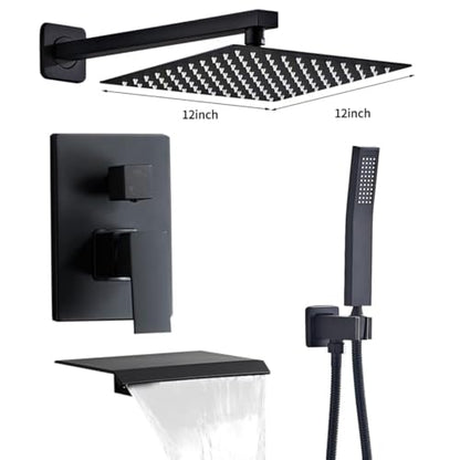 Matte Black Shower Faucet 12 Inch Set with Tub Spout | Shower Head and Handle with 2 Hooks Rain System Square Wall Mount for Bathroom - color: Matte Black, style: 12 Inch