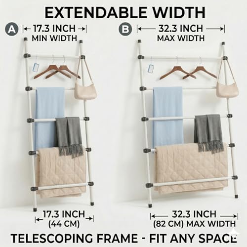 SIBRAD Expandable Blanket Ladder for Living Room, Adjustable Width (17.3"-32.3") Tall Metal Quilt Rack Wall Leaning, Rustic White Wood Grain 5-Tier Blanket Holder, Heavy Duty 45 Lbs Capacity - color: White Grain