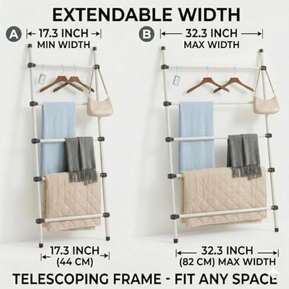 SIBRAD Expandable Blanket Ladder for Living Room, Adjustable Width (17.3"-32.3") Tall Metal Quilt Rack Wall Leaning, Rustic White Wood Grain 5-Tier Blanket Holder, Heavy Duty 45 Lbs Capacity - color: White Grain