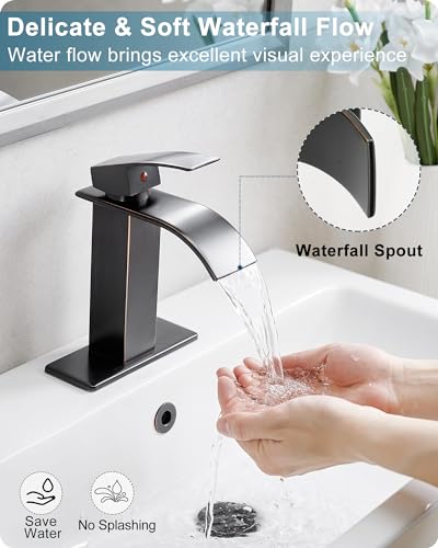Waterfall Bathroom Faucet Oil Rubbed Bronze, Brass 4 Ins Bathroom Faucets One Hole or 3 Hole, Single Handle with Deck Plate, Pop-up Drain & Water Hose - color: Oil Rubbed Bronze - Farmhouse