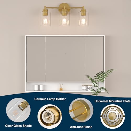 Bathroom Vanity Light Fixtures, 3-Light Brushed Gold Wall Sconce with Clear Glass, Modern Vanity Lights Over Mirror for Bathroom, Kitchen, Living Room, Mirror, E26 Base(Bulbs Not Included) - color: Gold 3 Lights
