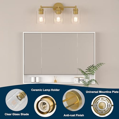 Bathroom Vanity Light Fixtures, 3-Light Brushed Gold Wall Sconce with Clear Glass, Modern Vanity Lights Over Mirror for Bathroom, Kitchen, Living Room, Mirror, E26 Base(Bulbs Not Included) - color: Gold 3 Lights