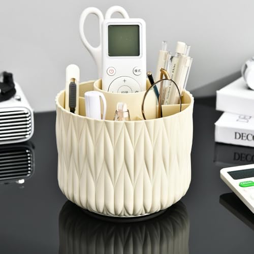 360° Rotating Makeup Brush Holder, 5-Slot Vanity Organizer Beige | Stores Lipsticks, Pens & Pencils; Cute Caddy For Office, Art & Desk - color: Beige