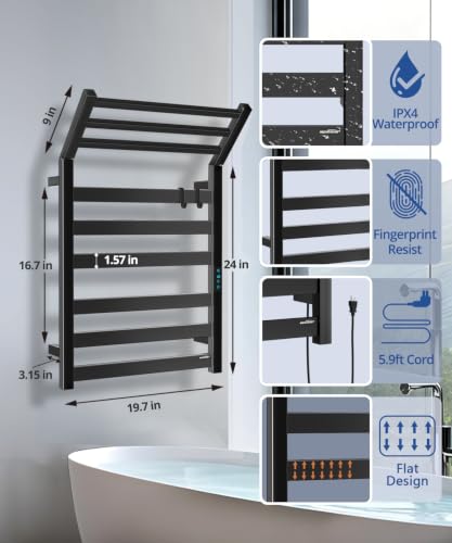 Towel Warmer Rack with WiFi, 6 Bars Large Heated Towel Racks, Black | WiFi App Remote, Foldable Space-Saving Bracket, Child Lock, 5 Temp Levels, 1–24H Timer, LED Display, Stainless Steel, Plug-in - color: Matte Black