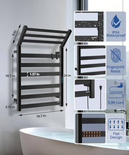 Towel Warmer Rack with WiFi, 6 Bars Large Heated Towel Racks, Black | WiFi App Remote, Foldable Space-Saving Bracket, Child Lock, 5 Temp Levels, 1–24H Timer, LED Display, Stainless Steel, Plug-in - color: Matte Black