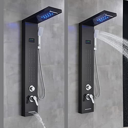 LED Light Shower Panel Tower Rainfall Waterfall Shower Head with Massager Jets Body System Jet Black B (Color : Black B) - color: Black B
