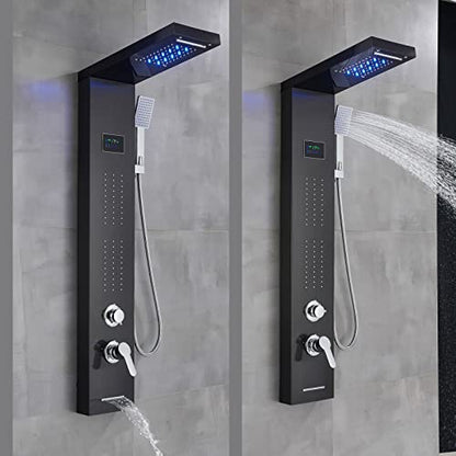 LED Light Shower Panel Tower Rainfall Waterfall Shower Head with Massager Jets Body System Jet Black B (Color : Black B) - color: Black B
