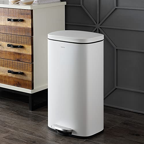 happimess Curtis 8 Gal Step Trash Can Soft Close 25", Cotton White | Stainless Steel, Fingerprint Resistant Satin Finish, Removable Liner, Steel Pedal, 20 Trash Bags Included, Kitchen Bin - color: White
