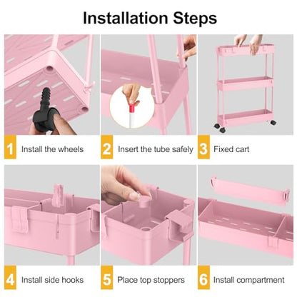 Slim Storage Cart 3 Tier,Bathroom Organizer Rolling Utility,Mobile Shelving Unit Slide Out for Office, Kitchen, Laundry Room & Narrow Places,Pink - color: Pink