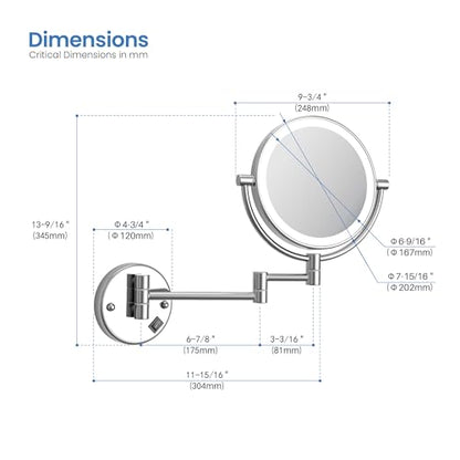 KIBI Circular Wall Mount Makeup Mirror with LED Lights, Dual-Sided 1x/5x Magnifying Mirror with Adjustable Arm, 360° Swivel, Solid Brass Construction for Durability and Style (Chrome, KMM101) - color: Chrome