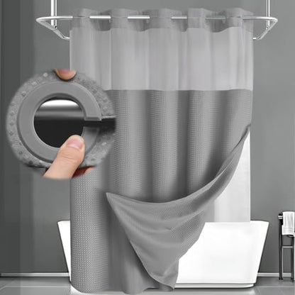No Hook Shower Curtain with Liner Set Hotel Waffle Curtain Grey 72W X 75L | Washable Snap in Fabric Liner, Mesh Top Window, Waffle Hotel Style Shower Curtain Set - color: Grey, size: Standard 72"W x 75"L