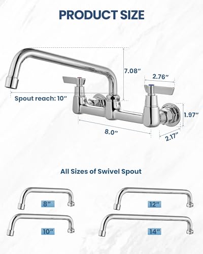 Airuida 8 Inch Chrome Polish Wall Mounted Kitchen Faucet with 10 Inch Spout | Commercial Sink Faucet,Dual Handles,Utility Sink Faucet,360° Swivel Spout - size: 10 Inches Spout