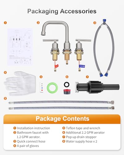 WOWOW Brushed Nickel Bathroom Faucet 3 Hole, Widespread Vanity Sink Faucets | Copper Inlet 8 Inch Faucet for Bathroom Sink with Swivel Spout, Two Handles Lavatory Tap with Drain and cUPC Supply Line - color: Brushed Nickel, style: Upgrade-8 Inch