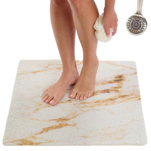 Enkosi Loofah Shower Mat Non Slip – Square Anti Slip Bath Mat for Inside Showers, Bathtub, Tub, Bathroom - Cushioned, Quick Dry PVC with Drain Holes - Secure Grip Safety Pad (Marble Gold 24x24) - color: Marble White Gold, size: 24" x 24" (Square)