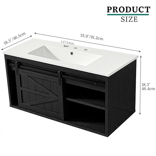 DWVO 36" LED Bathroom Vanity with Sink | Farmhouse Sliding Barn Door Bathroom Cabinet, Wall Mounted Floating Cabinet - color: Black, size: 36 Inch