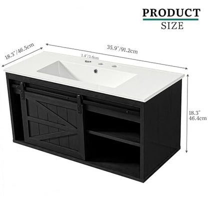DWVO 36" LED Bathroom Vanity with Sink | Farmhouse Sliding Barn Door Bathroom Cabinet, Wall Mounted Floating Cabinet - color: Black, size: 36 Inch