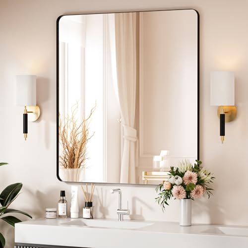 Black Bathroom Mirror 40X36 Inch Bathroom Vanity Mirror for Wall, Metal Frame Large Mirror, Tempered Glass, Modern Wall Mirror for Bathroom, Farmhouse, Horizontally or Vertically Hanging - color: Black, size: 40"L x 36"W