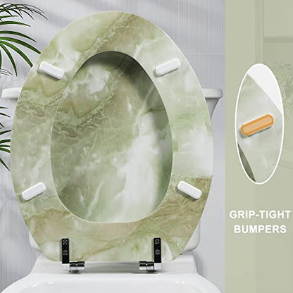 Elongated Toilet Seat Natural Wood Toilet Seat with Zinc Alloy Hinges, Easy to Install also Easy to Clean, Anti-pinch Marble Toilet Seat by Angol Shiold (Elongated, Green Marble) - color: Green Marble, size: Elongated-18.5”