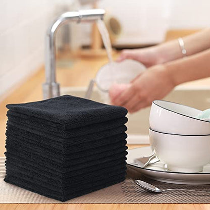 Microfiber Cleaning Cloth Kitchen Dish Cloths 12x12in 12 Pack Black | Absorbent, No Streak, Dish Rags, Glass Cleaning Cloths - color: Black