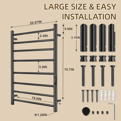 Towel Warmers for Bathroom, Electric Heated Towel Rack Wall Mounted, Black | 8 Bar, Built-in 2H/4H Timer, IPX4 Waterproof Stainless Steel, Plug-in, Fast Heating Large Capacity for Bathroom Spa Gym - size: 8 Bars