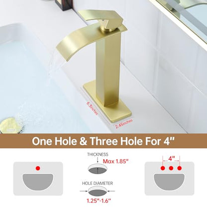 Tall Vessel Sink Faucet Brushed Gold Faucet for Bathroom Sink Tall Waterfall Bathroom Faucet Single Handle 1 or 3 Hole Wash with Pop-up Drain - color: Brushed Gold