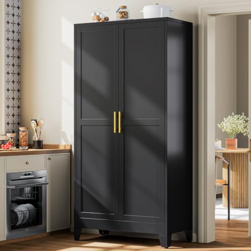 PAOFIN Metal 79“ Kitchen Pantry Cabinet, Pantry Storage Cabinet with Doors and 5 Adjustable Shelves, Freestanding Cupboard Kitchen Cabinet,Tall Cabinet for Living room,Pantry, Bathroom,Kitchen (Black) - color: Black, size: 79"-5 Adjustable shelves