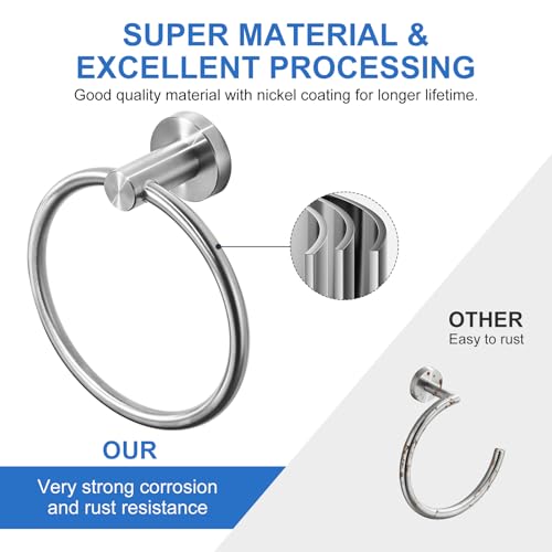 RUMOSE Brushed Nickel Bath Towel Ring Heavy Duty Round Hand Towel Holder Hanger for Bathroom & Kitchen, Stainless Steel Drill Free with Glue or Wall Mounted with Screws