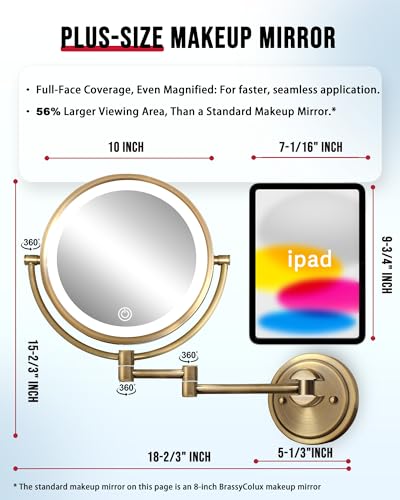 10" Lighted Wall Mounted Makeup Mirror Swing Arm with 5X Magnification | Rechargeable, 3-Color Touch Sensor Dimmable, Double-Sided Bathroom Makeup Magnifying Vanity Extendable, Brushed Antique Brass - color: Brushed Antique Brass
