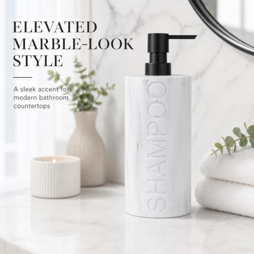 Resin White Marbled Shampoo Engraved Bottle Refillable Pump Dispenser, Durable Waterproof Construction for Bath, Shower - Resin White Marble - Matte Black Pump - color: Shampoo White