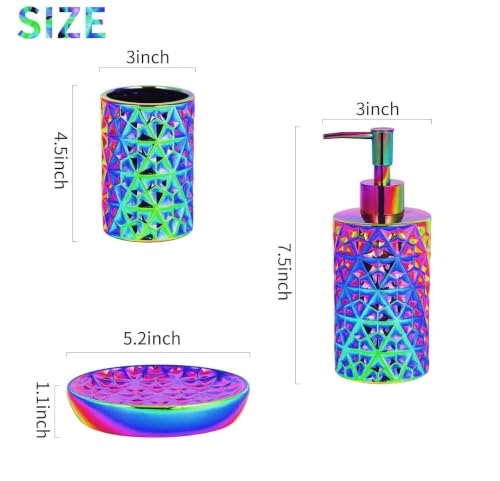 Rainbow Bathroom Accessories Set 3Pcs - Soap Dispenser, Soap Dish, Vase | Luxury Design Diamond Ceramic Bathroom Accessory Complete Set - Lotion Dispenser, Soap Dish,Vase for Countertop Vanity - color: Rainbow