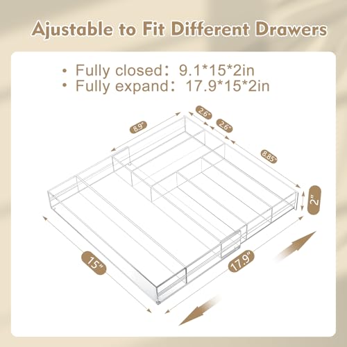 Briwooody 2 Pcs Acrylic Drawer Organizer 9'' up to 18'' x 15'' x 2'' Expandable Drawer Organizer Pens Notebook Ruler Makeup Tray with 7 Adjustable Compartments for Desk Office Kitchen Bathroom(Clear) - size: 18 x 15 x 2inch