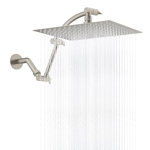 Hibbent All Metal 12'' Rain Shower Head, 16'' Extension Arm, Brushed Nickel | cUPC Certified High Pressure Rainfall Showerhead with Solid Brass Adjustable Shower Head Extension Arm, Fixed Showerheads - color: Brushed Nickel, style: Square 12''