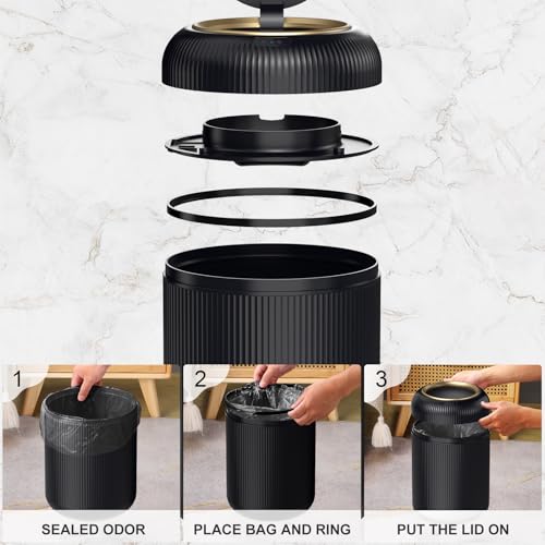 Motion Sensor Bathroom Trash Can with Lid,Black and Gold Garbage Can | 3 Gallon Automatic Bathroom Garbage Cans,Black Garbage Bin,Touchless Sensor Trash Bin,Small Waste Basket for Bedroom,Office - color: Black