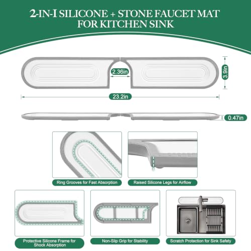 Faucet Mat for Kitchen Sink with Airflow Silicone Sleeve, Instant-Dry Diatomaceous Stone Sink Protector Tray Around Faucet for Kitchen, Bathroom, RV (White Circle, 23.2" x 3.9" x 0.47") - color: White Circle - Grey Silicone Edge