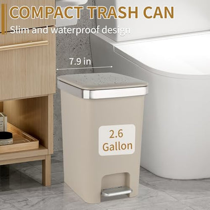 UUJOLY Small Bathroom Trash Can with Lid Step Pedal, 2.6 Gallon, Khaki | Soft-Close Sturdy Garbage Can + 3 Rolls Trash Bags, For Bathroom, Kitchen, Bedroom, Office, Dorm, Laundry, RV - color: Khaki