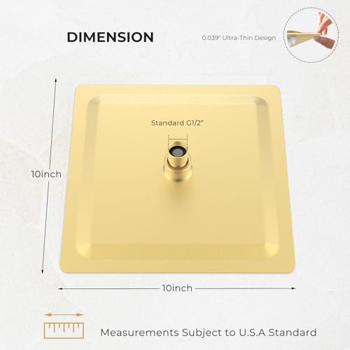 10 Inch Rain Shower Head, Square Rainfall & High Pressure, 304 Stainless Steel, 1/16" Ultra Thin, Waterfall Full Body Coverage with Silicone Nozzle, Brushed Gold - color: Golden, size: 10 Inch