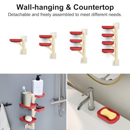 Soap Holder Four Layer Wall Mounted NO-Drilling Rotatable Self-draining Removable Soap Dish for Shower Bathroom Tray,Self Draining Sponge Holder,Razor Holder (Red/Ecru) - color: Red/Ecru