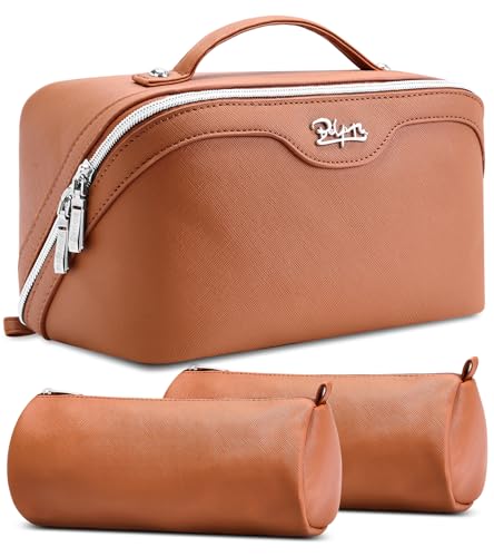 BOYATU Travel Makeup Bag Organizer Cosmetic Bag: 3 Pcs Set Make up Bags for Women with Handle - Waterproof Vegan Leather Toiletry Bags Travel Essentials Pouch with Compartments (C-02-Brown) - color: 04-B-Brown