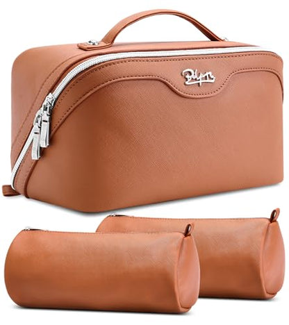 BOYATU Travel Makeup Bag Organizer Cosmetic Bag: 3 Pcs Set Make up Bags for Women with Handle - Waterproof Vegan Leather Toiletry Bags Travel Essentials Pouch with Compartments (C-02-Brown) - color: 04-B-Brown