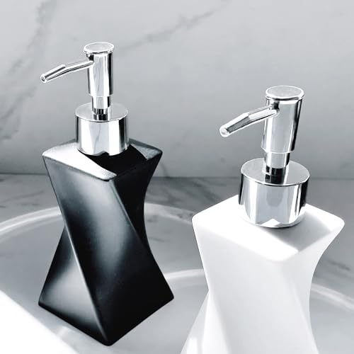 2 Pack Modern White & Black Soap Dispenser Set, Bathroom 8.5oz | Contemporary Art Style, Twisted Geometric Dish Soap Dispenser Set for Bathroom and Kitchen Sink - color: Black & White 2pcs Set
