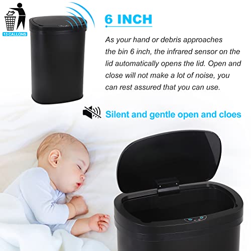 Kitchen Trash Can | Stainless Steel 13 Gallon Trash Can | 50L Touch Free Garbage Can with Lid | Electronic Motion Sensor Automatic Trash Bin High Capacity for Kitchen Bathroom Office, Black - color: Black