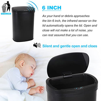 Kitchen Trash Can | Stainless Steel 13 Gallon Trash Can | 50L Touch Free Garbage Can with Lid | Electronic Motion Sensor Automatic Trash Bin High Capacity for Kitchen Bathroom Office, Black - color: Black